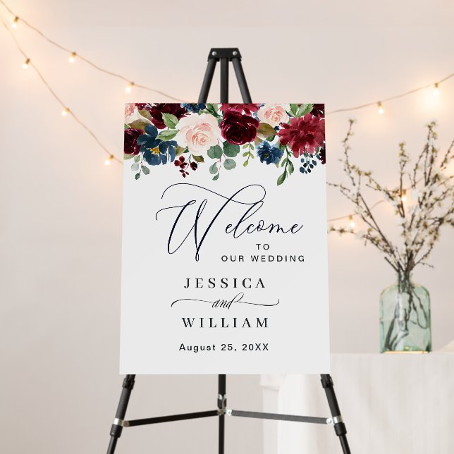 Burgundy Navy Blush Floral Wedding Welcome Foam Board (In Situ (Stand))
