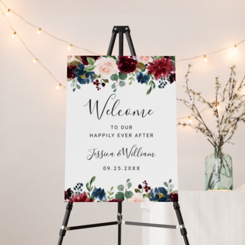 Burgundy Navy Blush Floral Wedding Welcome Foam Board