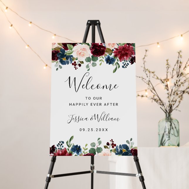 Burgundy Navy Blush Floral Wedding Welcome Foam Board (In Situ (Stand))