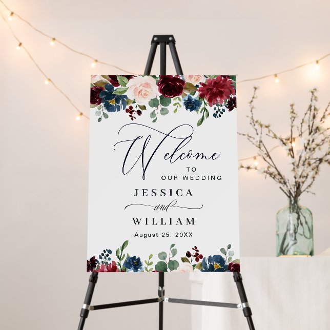 Burgundy Navy Blush Floral Wedding Welcome Foam Board (In Situ (Stand))