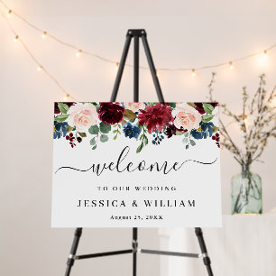 Burgundy Navy Blush Floral Wedding Welcome Foam Board