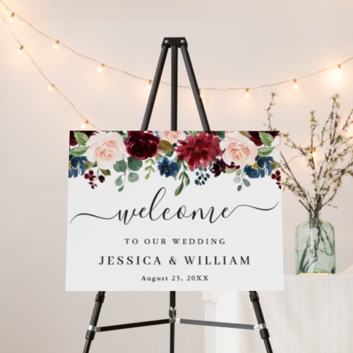 Burgundy Navy Blush Floral Wedding Welcome Foam Board