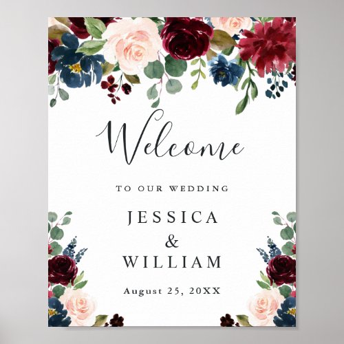 Burgundy Navy Blush Floral Wedding Welcome Poster