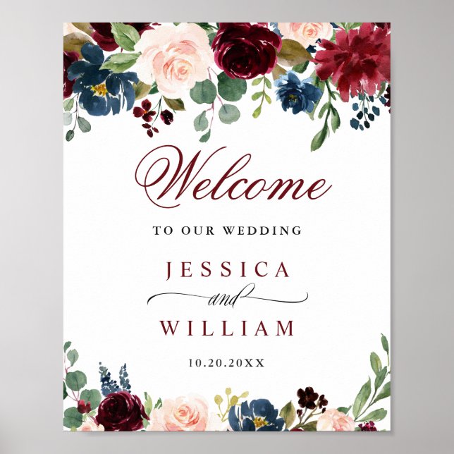 Burgundy Navy Blush Floral Wedding Welcome Poster (Front)