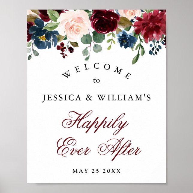 Burgundy Navy Blush Floral Wedding Welcome Poster (Front)