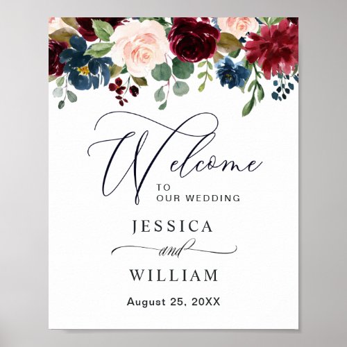 Burgundy Navy Blush Floral Wedding Welcome Poster