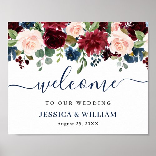 Burgundy Navy Blush Floral Wedding Welcome Sign