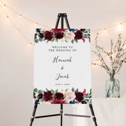 Burgundy Navy Blush Floral Wedding Welcome Sign