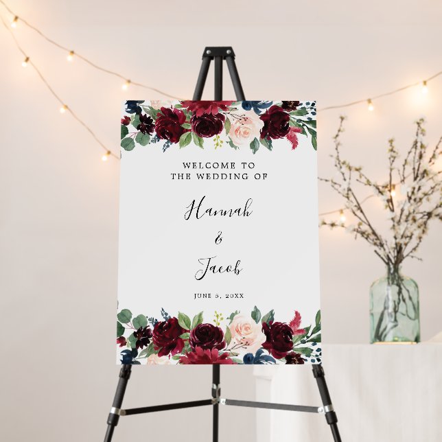 Burgundy Navy Blush Floral Wedding Welcome Sign (In Situ (Stand))