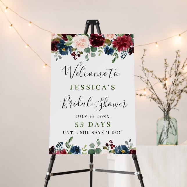 Burgundy Navy Blush Floral Welcome Bridal Shower Foam Board (In Situ (Stand))
