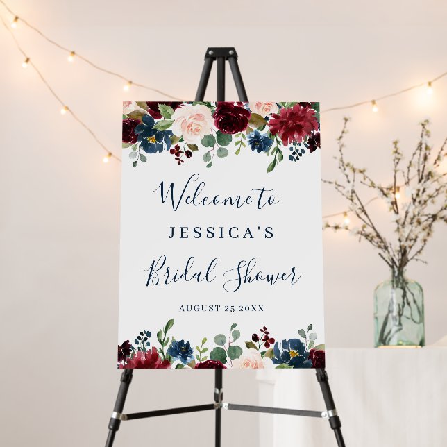 Burgundy Navy Blush Floral Welcome Bridal Shower Foam Board (In Situ (Stand))