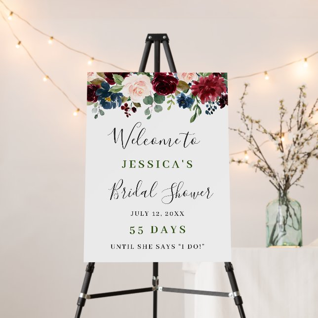 Burgundy Navy Blush Floral Welcome Bridal Shower Foam Board (In Situ (Stand))