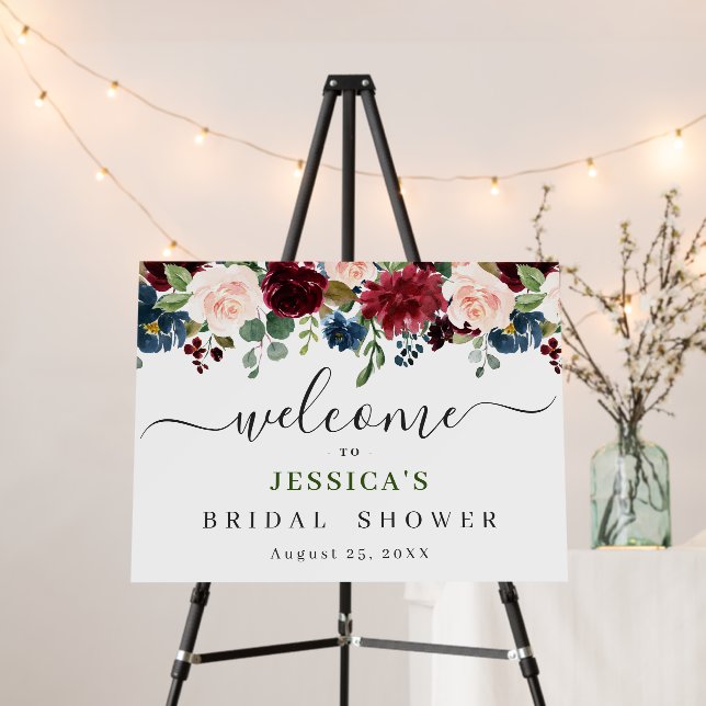 Burgundy Navy Blush Floral Welcome Bridal Shower Foam Board (In Situ (Stand))