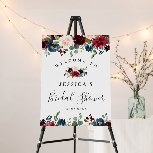 Burgundy Navy Blush Floral Welcome Bridal Shower Foam Board (In Situ (Stand))