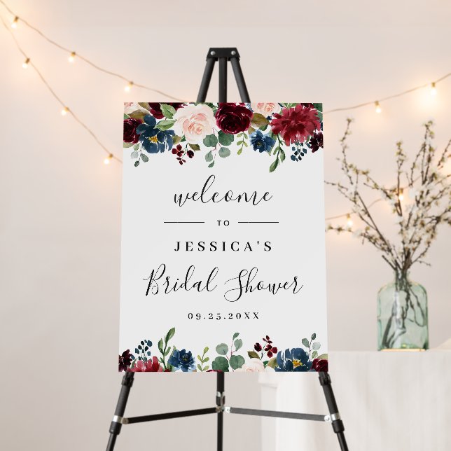 Burgundy Navy Blush Floral Welcome Bridal Shower Foam Board (In Situ (Stand))