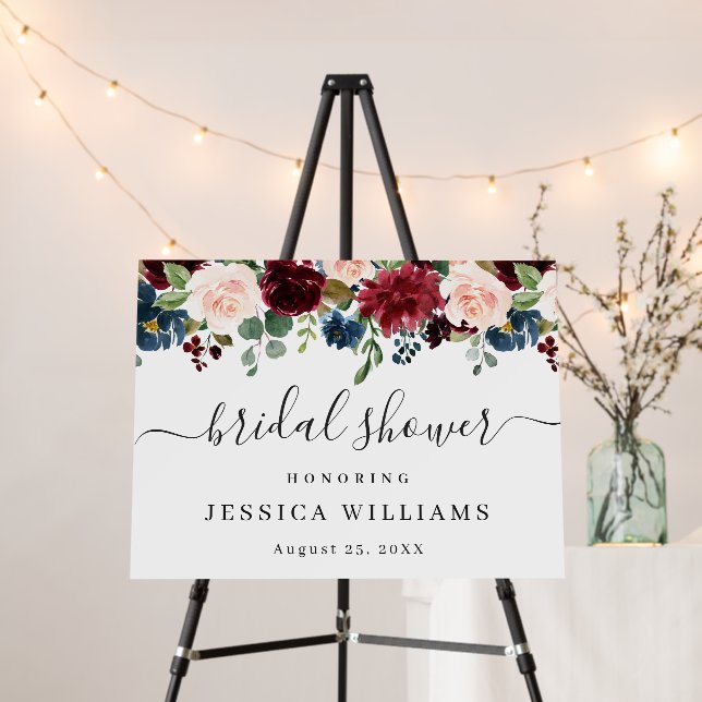 Burgundy Navy Blush Floral Welcome Bridal Shower Foam Board (In Situ (Stand))