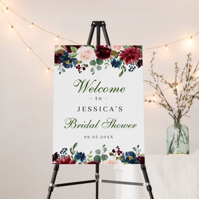 Burgundy Navy Blush Floral Welcome Bridal Shower Foam Board (In Situ (Stand))