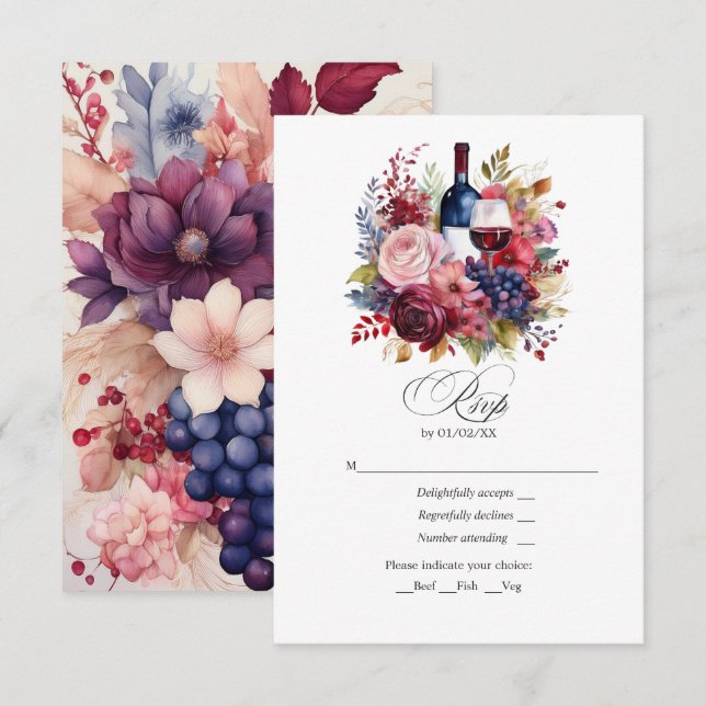 Burgundy, Navy & Blush Floral Wine-Themed Wedding RSVP Card (Front/Back)