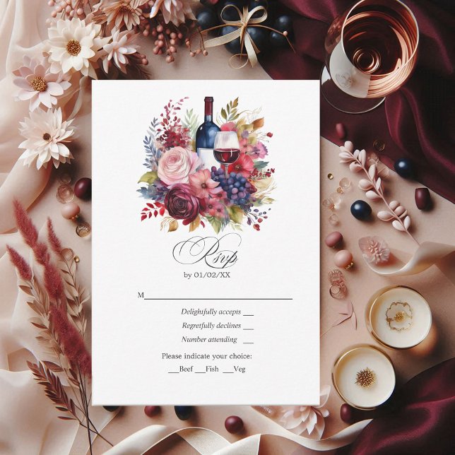 Burgundy, Navy & Blush Floral Wine-Themed Wedding RSVP Card (Burgundy, Navy and Blush Floral Wine-Themed Wedding RSVP Card)