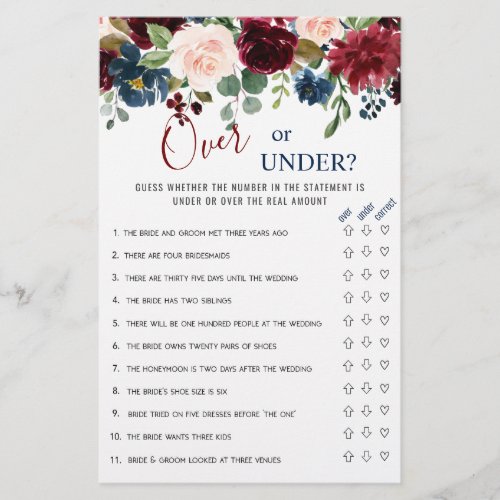 Burgundy Navy Blush Flowers Bridal Shower Games