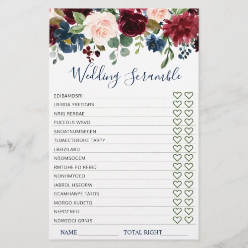 Burgundy Navy Blush Flowers Bridal Shower Games