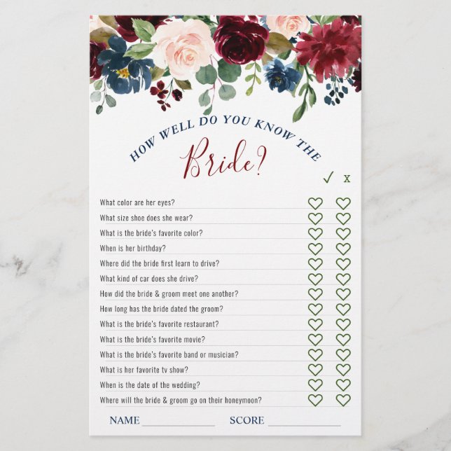 Burgundy Navy Blush Flowers Bridal Shower Games (Front)