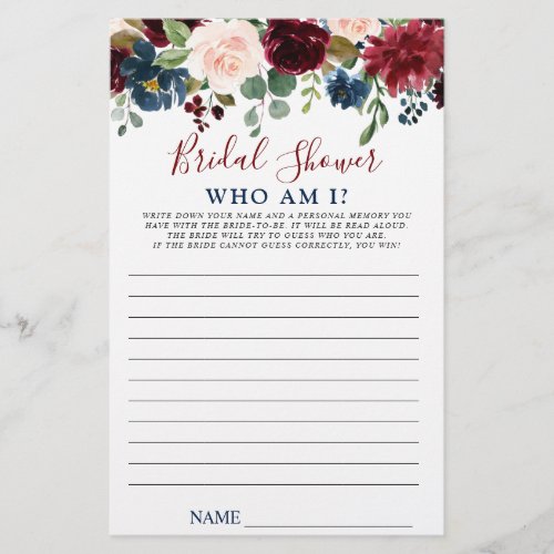 Burgundy Navy Blush Flowers Bridal Shower Games