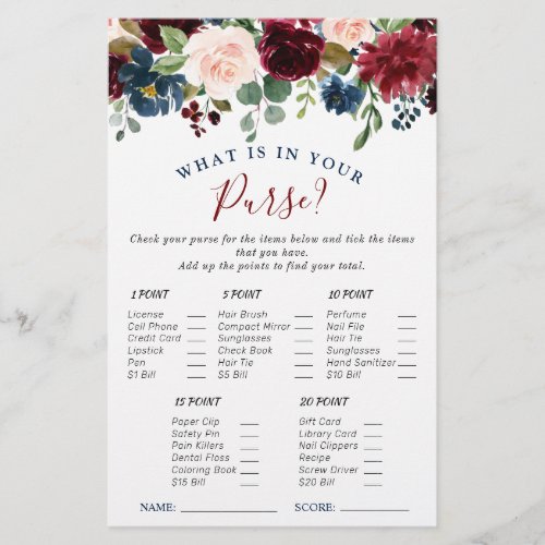 Burgundy Navy Blush Flowers Bridal Shower Games