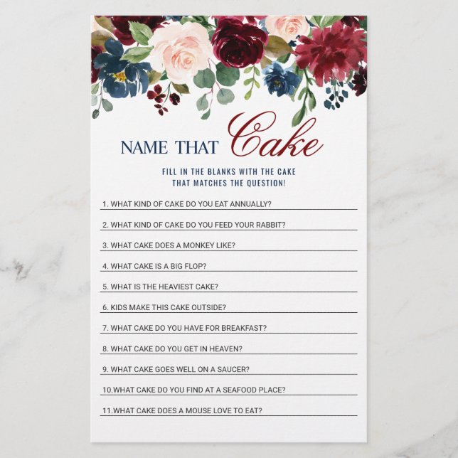 Burgundy Navy Blush Flowers Bridal Shower Games (Front)