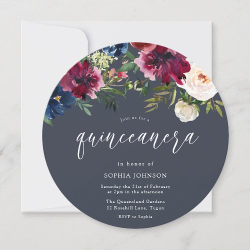 Burgundy Navy  Blush Flowers Quinceanera Party Invitation