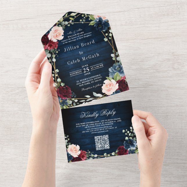 Burgundy Navy Blush Geometric QR Code Wedding All In One Invitation (Tearaway)