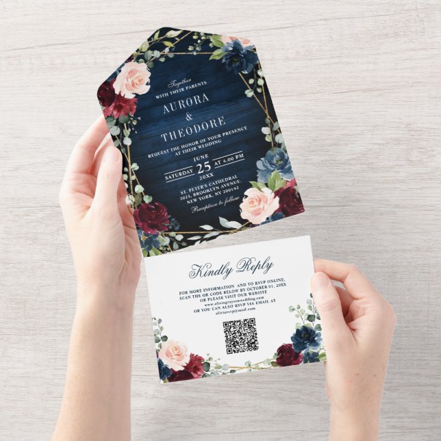Burgundy Navy Blush Geometric QR Code Wedding All In One Invitation (Tearaway)