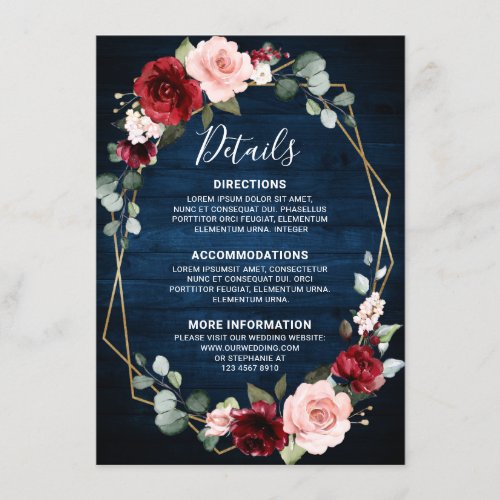 Burgundy Navy Blush Geometric Wedding Details Enclosure Card