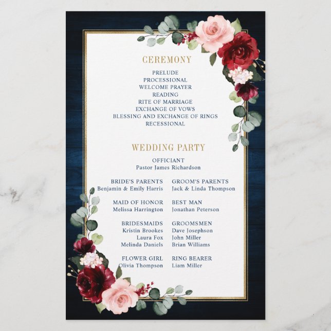 Burgundy Navy Blush Geometric Wedding Program (Back)