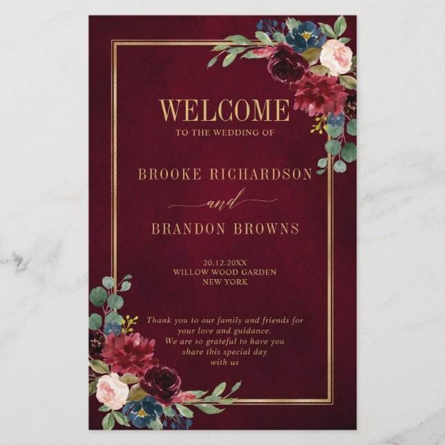 Burgundy Navy Blush Geometric Wedding Program (Front)