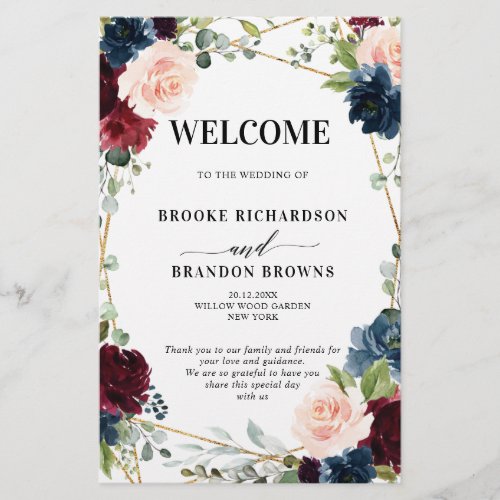 Burgundy Navy Blush Geometric Wedding Program