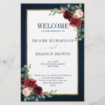 Burgundy Navy Blush Geometric Wedding Program<br><div class="desc">Elegant and modern romantic geometric watercolor floral wedding program card features a beautiful burgundy / marsala , blush pink, peach , navy blue watercolor roses with matching foliage on navy blue rustic wood background and gold frame. Perfect for a fall / midsummer wedding. Please find more matching designs and variations...</div>