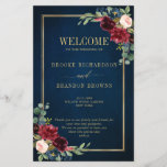 Burgundy Navy Blush Geometric Wedding Program<br><div class="desc">Elegant and modern romantic geometric watercolor floral wedding program card features a beautiful burgundy / marsala , blush pink, peach , navy blue watercolor roses with matching foliage on navy blue rustic wood background and gold frame. Perfect for a fall / midsummer wedding. Please find more matching designs and variations...</div>
