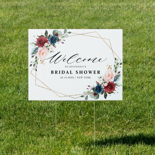 Burgundy Navy Blush Gold Bridal Showe Welcome Sign (Insitu)
