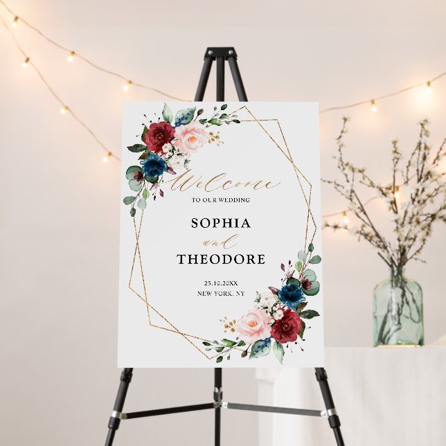Burgundy Navy Blush Gold Geometric Wedding Welcome Foam Board (In Situ (Stand))