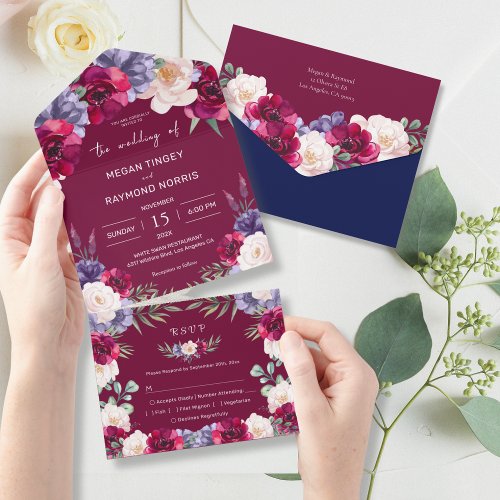 Burgundy Navy Blush Modern Bloom Vintage Wedding All In One Invitation