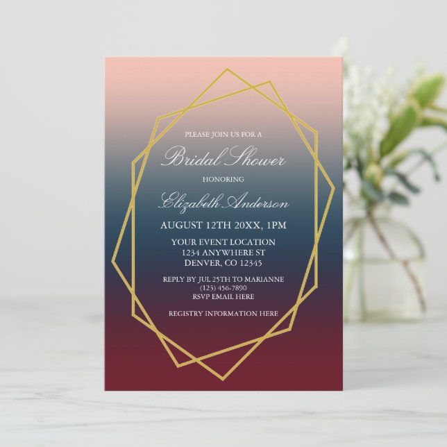 Burgundy Navy Blush Ombre Geometric Bridal Shower Invitation (Standing Front)