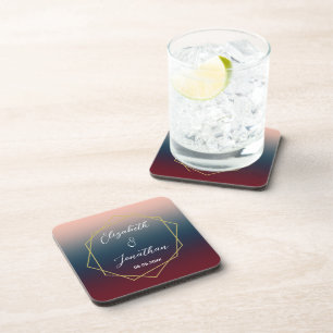 Burgundy Navy Blush Ombre Geometric Wedding Beverage Coaster
