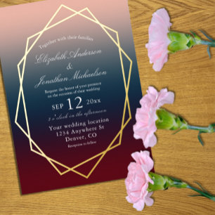 Burgundy Navy Blush Ombre Geometric Wedding Foil Invitation