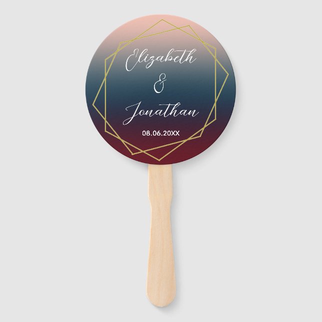 Burgundy Navy Blush Ombre Geometric Wedding Hand Fan (Front)
