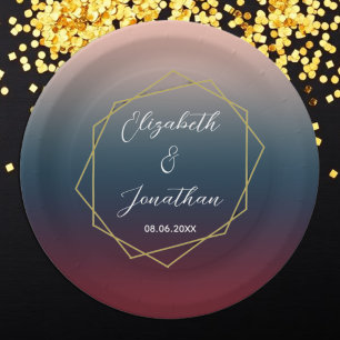 Burgundy Navy Blush Ombre Geometric Wedding Paper Plates