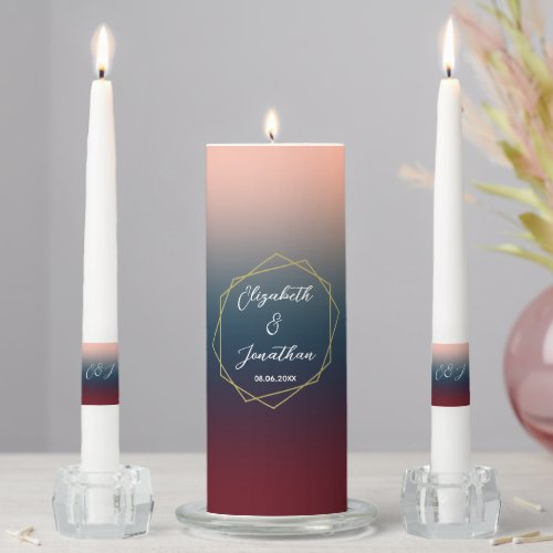 Burgundy Navy Blush Ombre Geometric Wedding Unity Candle Set