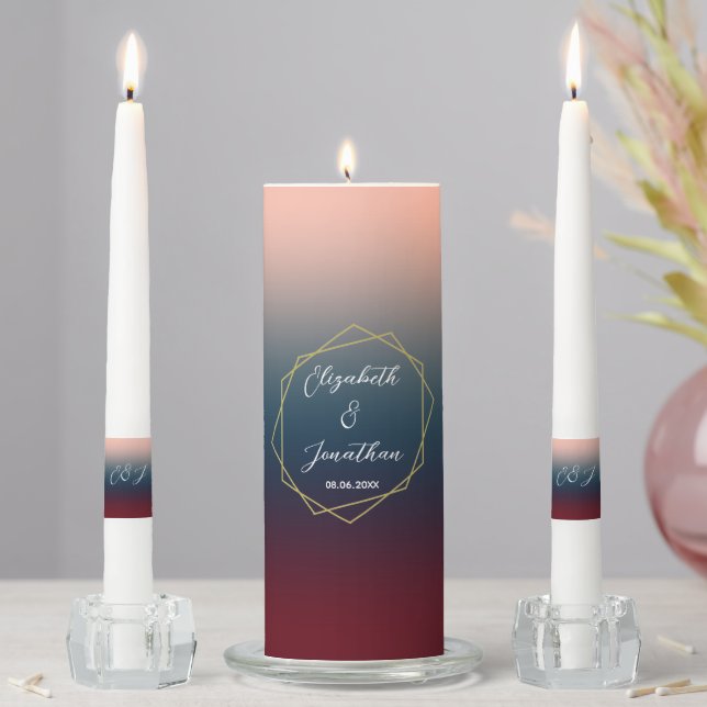Burgundy Navy Blush Ombre Geometric Wedding Unity Candle Set (In Situ)