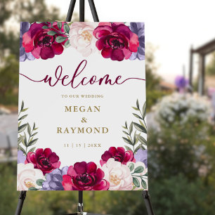 Burgundy Navy & Blush Peonies Welcome Wedding Sign