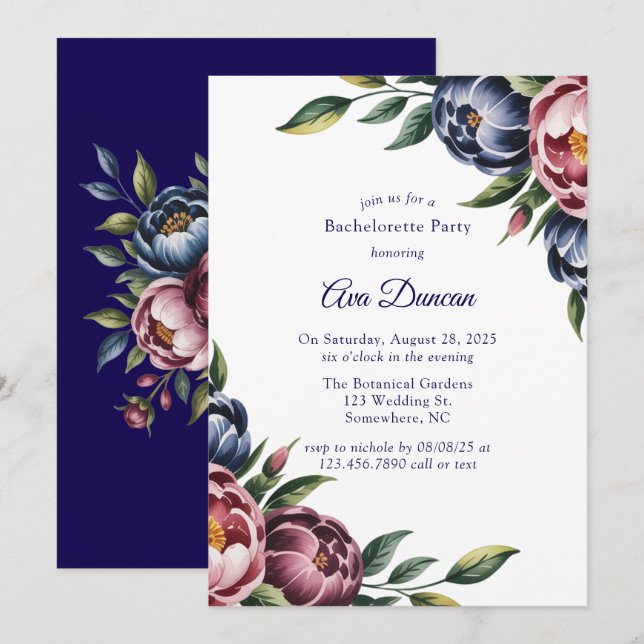 Burgundy Navy Blush Peony Bachelorette Party Invitation (Front/Back)